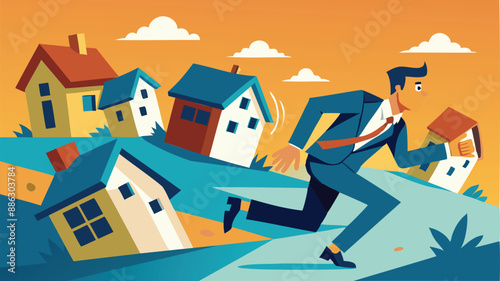 Businessman Running from Collapsing Housing Domino, Depicting Real Estate Market Crash