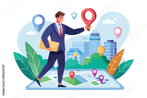 Businessman Founder Pinning Company Office Location on Search Engine Map, Establishing New Business Venture and Creating Corporate Presence
