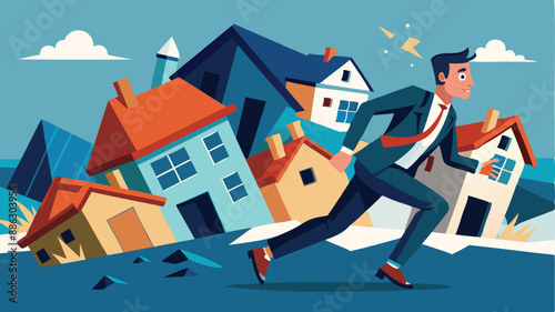 Businessman Running from Collapsing Housing Domino, Depicting Real Estate Market Crash