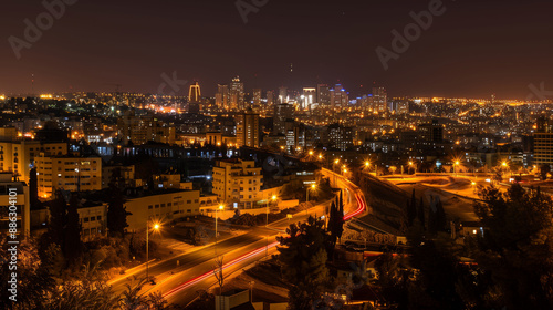 Nighttime View of Jerusalem Skyline With Illuminated Roads