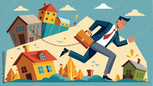 Businessman Running from Collapsing Housing Domino, Depicting Real Estate Market Crash