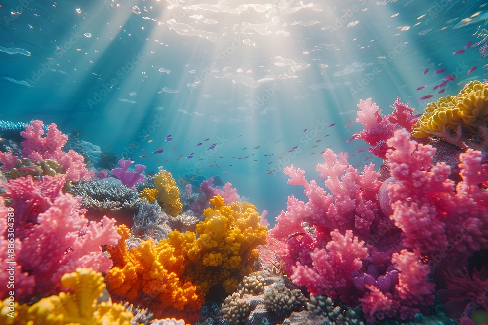 Fototapeta premium Vibrant coral reef with colorful corals and fish under sunlight in crystal clear tropical waters.