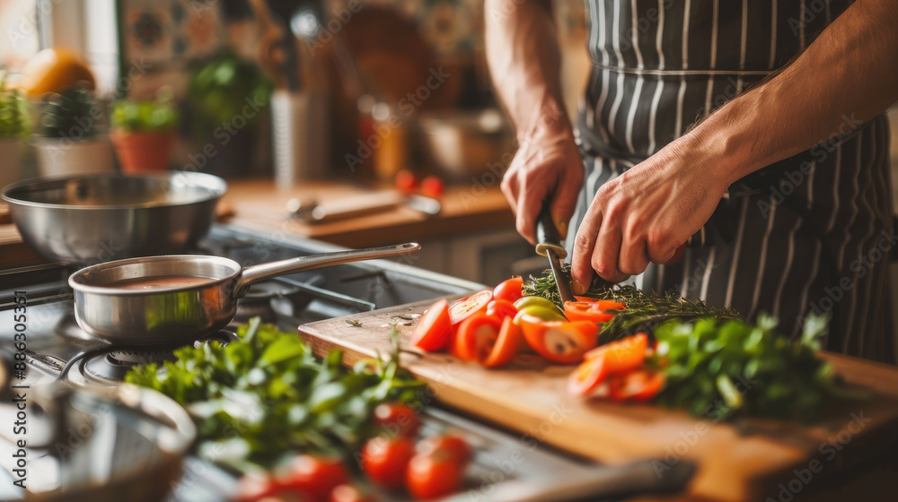 Cook chopping fresh vegetables on wooden board. Kitchen utensils visible in background. Cook chopping fresh vegetables on wooden board. Kitchen utensils visible in background.