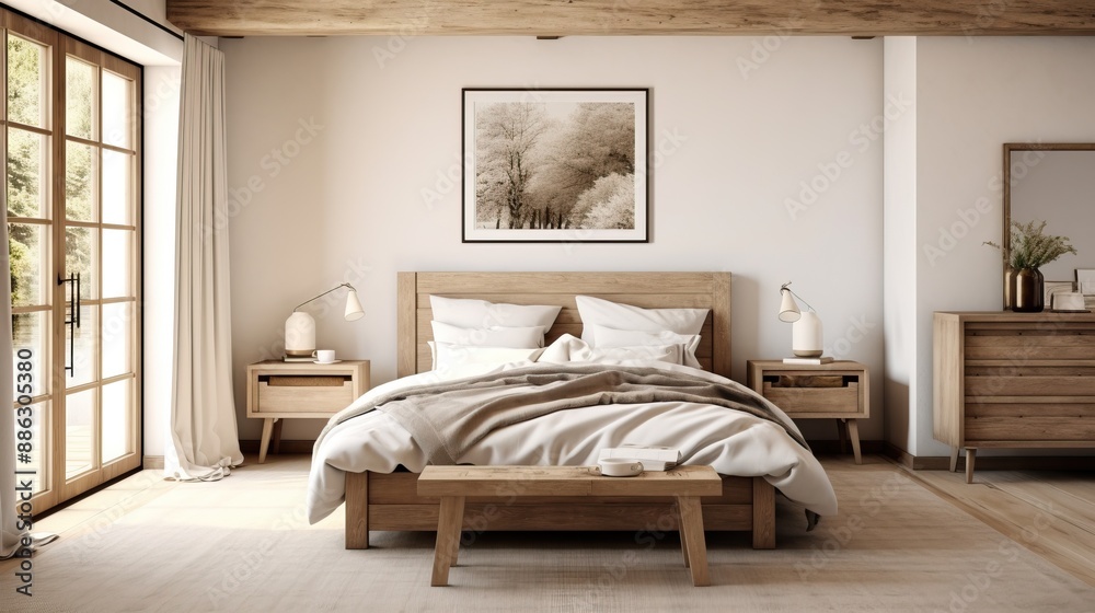Fototapeta premium Cozy Wooden Bedroom with a Touch of Nature