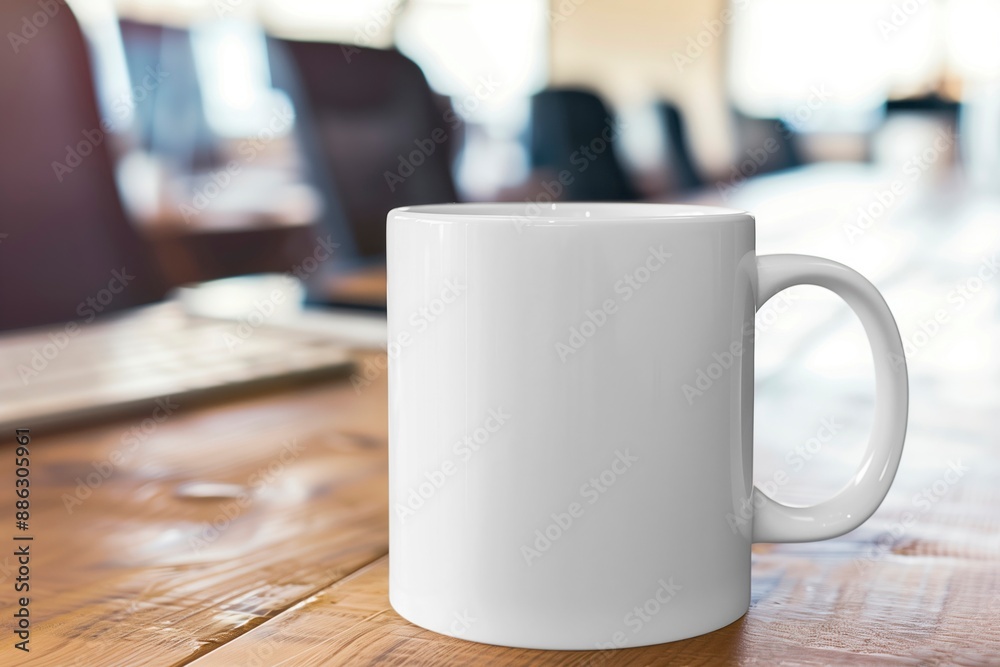 Mug mockup for advertising. Office desk with chairs and computers in the background. Shallow focus. Copy space Mug mockup for advertising. Office desk with chairs and computers in the background. Shallow focus. Copy space