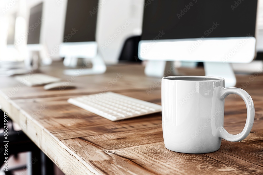 Office scene of a computer, keyboard and mouse. A white mug is on the table. Shallow focus and blurred background. Copy space Office scene of a computer, keyboard and mouse. A white mug is on the table. Shallow focus and blurred background. Copy space