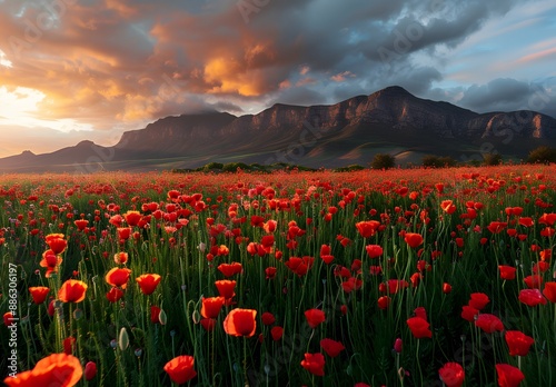 Poppy Field Sunset with Mountain Range in South Africa