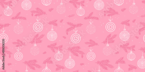 Cute hand drawn seamless pattern with pink branches and christmas decoration - x mas background, great for textiles, banners, wallpapers - vector design