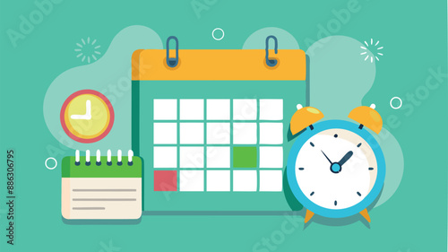 Flat Lay Calendar and Alarm Clock on Pastel Green Background, Scheduling Vacation, Business Appointments, or Project Deadlines