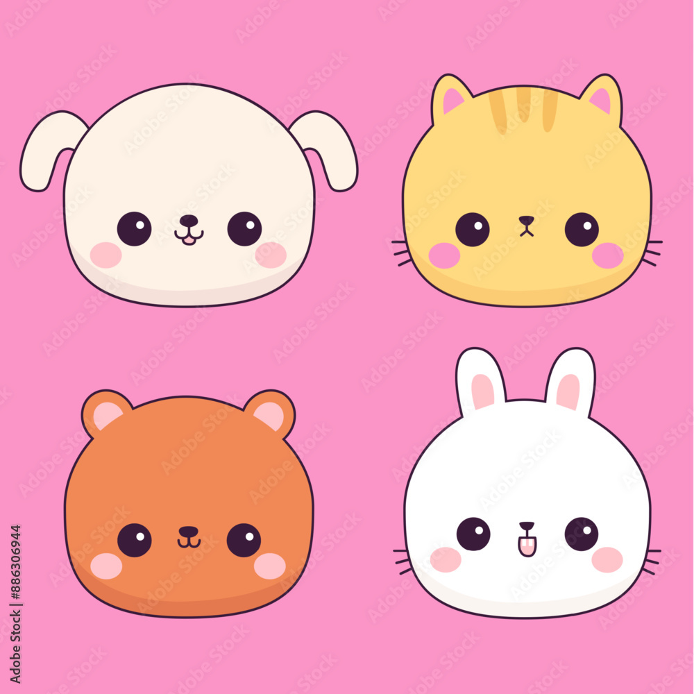 Chibi bear, dog puppy, cat kitten, bunny rabbit icon set. Round face. Valentines day. Cute cartoon kawaii funny baby animal character. Love card. Sticker print. Flat design. Pink background. Vector Chibi bear, dog puppy, cat kitten, bunny rabbit icon set. Round face. Valentines day. Cute cartoon kawaii funny baby animal character. Love card. Sticker print. Flat design. Pink background. Vector