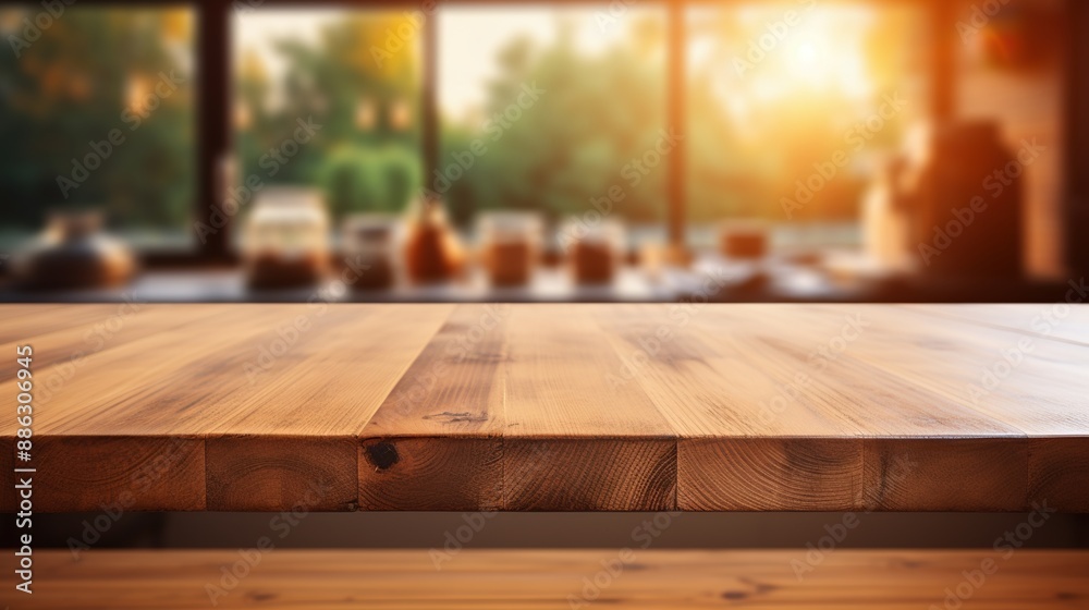 Wooden table. Empty wooden table on blurred kitchen background. Wooden table. Empty wooden table on blurred kitchen background.