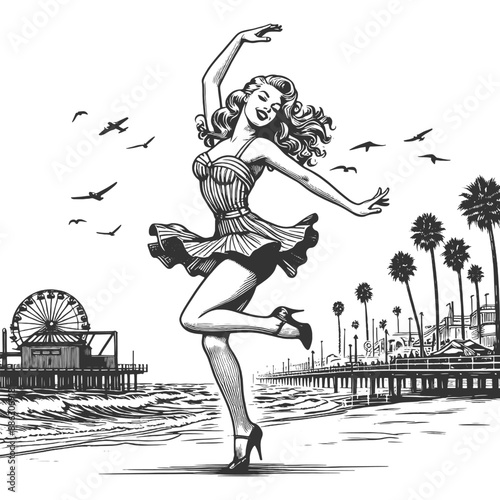 joyful woman dancing on the beach, with a Ferris wheel and palm trees sketch engraving generative ai fictional character vector illustration. Scratch board imitation. Black and white image.