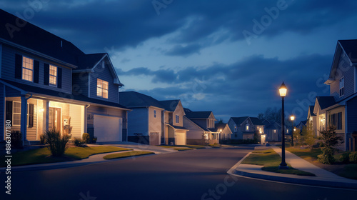 Peaceful suburban neighborhood at night with houses illuminated by streetlights and porch lights under a partly cloudy sky.