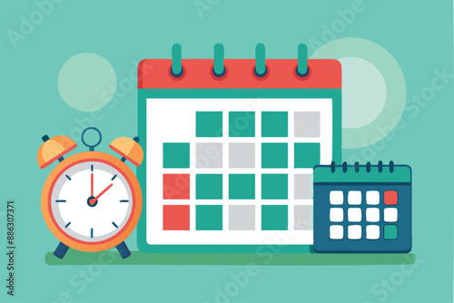 Flat Lay Calendar and Alarm Clock on Pastel Green Background, Scheduling Vacation, Business Appointments, or Project Deadlines