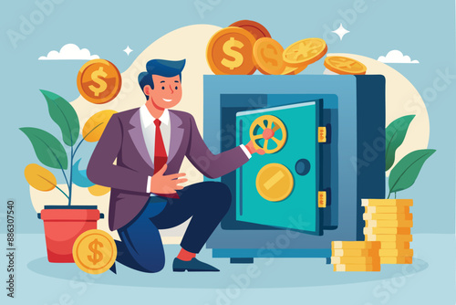 Passive Income: Relaxed Businessman Opens Safe with Wealthy Treasure, Achieving Financial Freedom through Investment Profits
