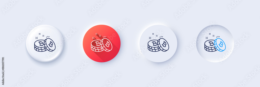 Bitcoin line icon. Neumorphic, Red gradient, 3d pin buttons. Cryptocurrency coin sign. Crypto money symbol. Line icons. Neumorphic buttons with outline signs. Vector Bitcoin line icon. Neumorphic, Red gradient, 3d pin buttons. Cryptocurrency coin sign. Crypto money symbol. Line icons. Neumorphic buttons with outline signs. Vector