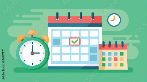 Flat Lay Calendar and Alarm Clock on Pastel Green Background, Scheduling Vacation, Business Appointments, or Project Deadlines