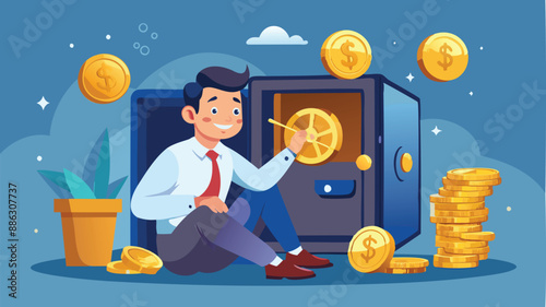 Passive Income: Relaxed Businessman Opens Safe with Wealthy Treasure, Achieving Financial Freedom through Investment Profits