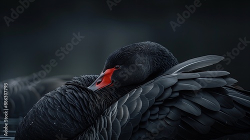 Fototapeta Naklejka Na Ścianę i Meble -  Image of a black swan nestling beneath its wings, graceful.