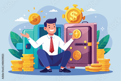 Passive Income: Relaxed Businessman Opens Safe with Wealthy Treasure, Achieving Financial Freedom through Investment Profits