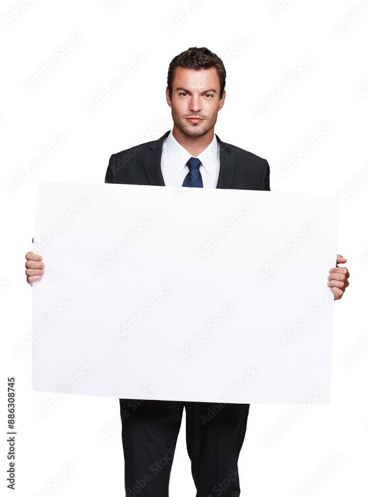 Business, man and poster mockup in studio, paper board and company information on white background. Professional, employee and news or announcement, opinion and promotion presentation for career Business, man and poster mockup in studio, paper board and company information on white background. Professional, employee and news or announcement, opinion and promotion presentation for career