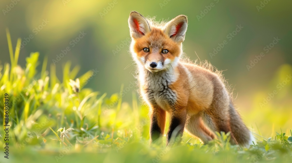 Fototapeta premium A Young Red Fox Standing in a Meadow