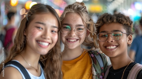 Happy multiracial Teenagers Friends Smiling in Busy School Hallway. Generative ai © Iuliia Metkalova