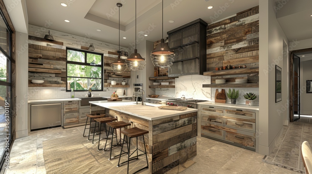 Experience a kitchen with a mix of industrial and rustic elements, blending metal accents with reclaimed wood Experience a kitchen with a mix of industrial and rustic elements, blending metal accents with reclaimed wood