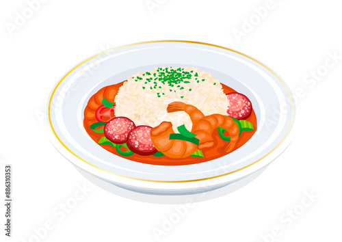 Gumbo soup with shrimp, sausage and rice illustration. Plate of soup with vegetables, sausage, and shrimp icon isolated on a white background. Classic meal in Louisiana