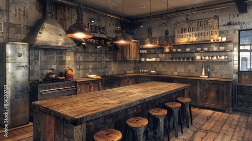 Experience a kitchen with a mix of industrial and rustic elements, blending metal accents with reclaimed wood