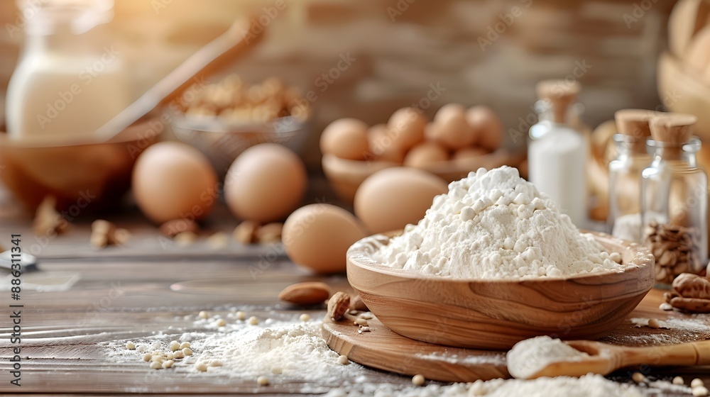 Fototapeta premium Baking Ingredients and Tools with Blurred Background on Wooden Table