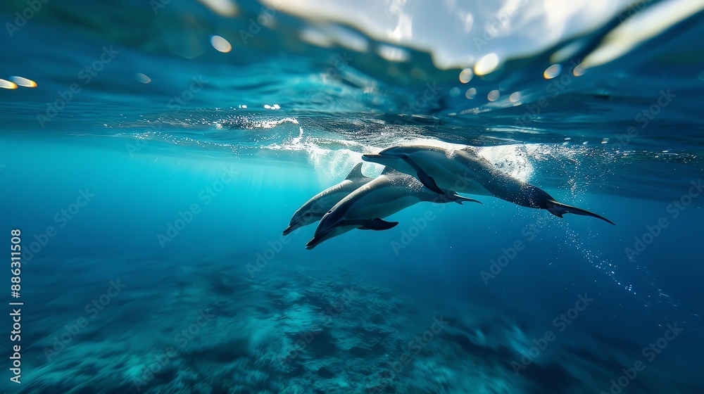 Fototapeta premium Graceful dolphins, ocean waves behind, cinematic photography, clear blue water,