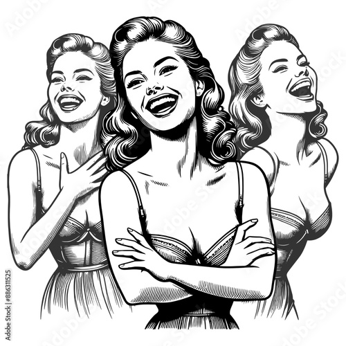 joyful women laughing, capturing happiness and camaraderie in a retro style sketch engraving generative ai fictional character vector illustration. Scratch board imitation. Black and white image.