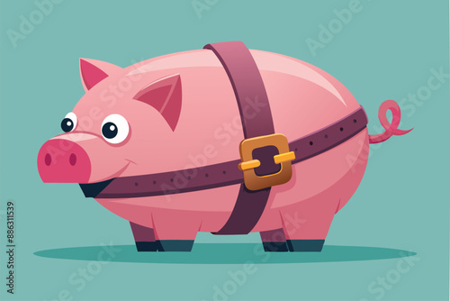 Pink Piggy Bank Tightening Belt, Representing Cost-Cutting Measures During Economic Downturn