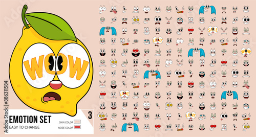 Set of retro cartoon comic faces with different emotional expressions. Cartoon funny faces. Caricature emotions. Expressive emotion, eyes, smiling, crying and surprised character face expressions.