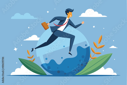 Outsmarting Competition: Businessman Runs Effortlessly on Sphere, Demonstrating Smarter Strategies for Success