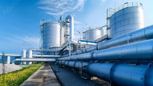 Fototapeta Naklejka Na Ścianę i Meble -  Modern industrial factory facility with large metal storage tanks and pipelines against a blue sky