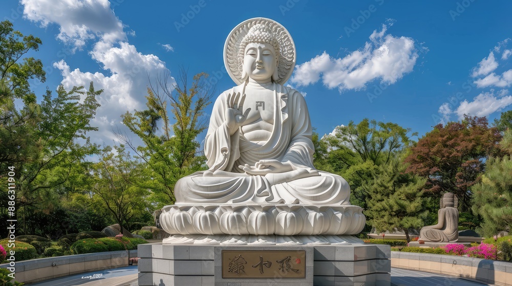 Large serene white marble statue of Buddha sitting on lotus pedestal with hand raised in blessing gesture surrounded by trees and blue sky Large serene white marble statue of Buddha sitting on lotus pedestal with hand raised in blessing gesture surrounded by trees and blue sky