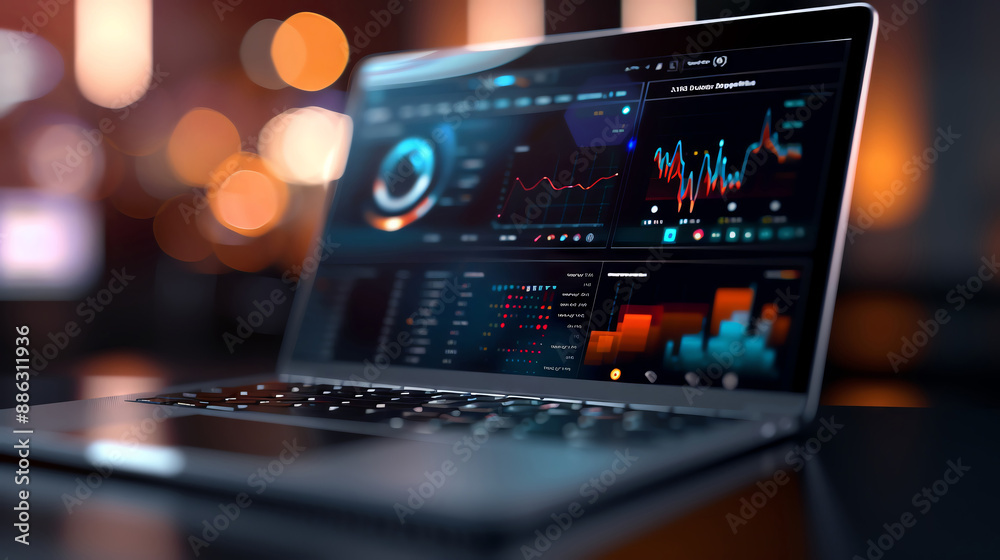 Laptop displaying digital dashboard, holographic visuals, dark and modern, Laptop displaying digital dashboard, holographic visuals, dark and modern,