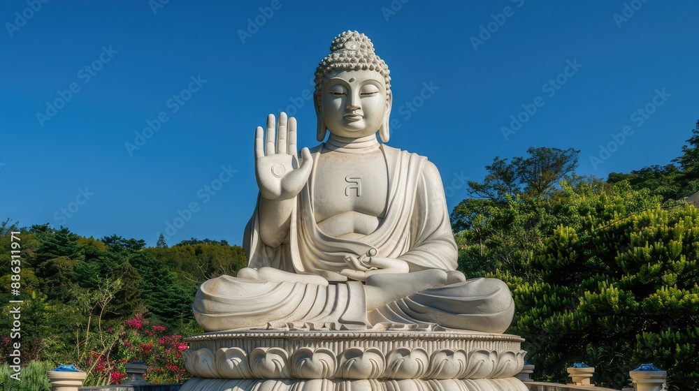 Large white marble statue of Buddha sitting in lotus position with hand raised in blessing gesture Large white marble statue of Buddha sitting in lotus position with hand raised in blessing gesture