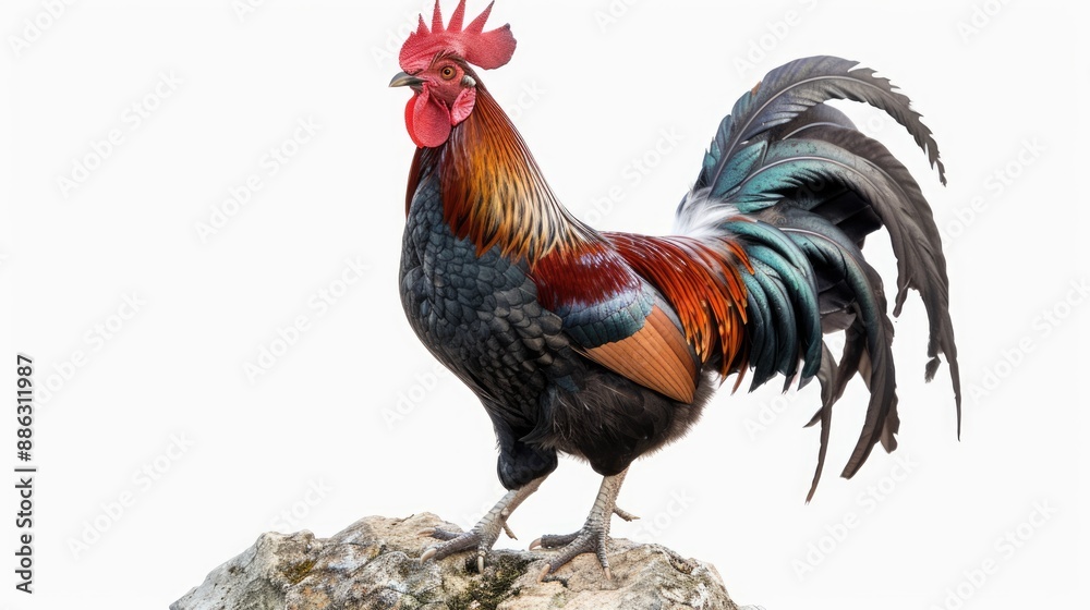 Fototapeta premium Rooster on a Rock: A Vibrant Display of Plumage