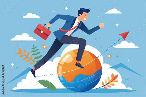 Outsmarting Competition: Businessman Runs Effortlessly on Sphere, Demonstrating Smarter Strategies for Success