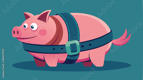 Pink Piggy Bank Tightening Belt, Representing Cost-Cutting Measures During Economic Downturn