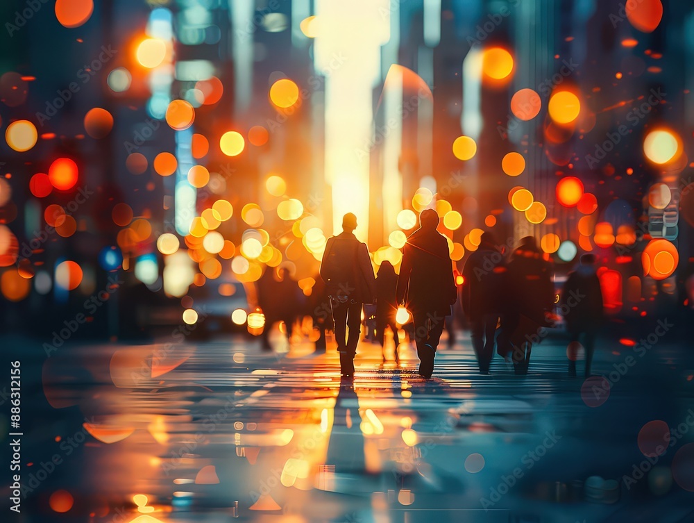 bustling city street at night with silhouettes of people walking and ...