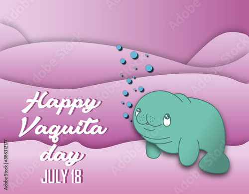Happy Vaquita Day on July 18 with text and background in pink gradient tones