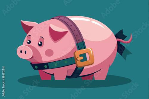 Pink Piggy Bank Tightening Belt, Representing Cost-Cutting Measures During Economic Downturn