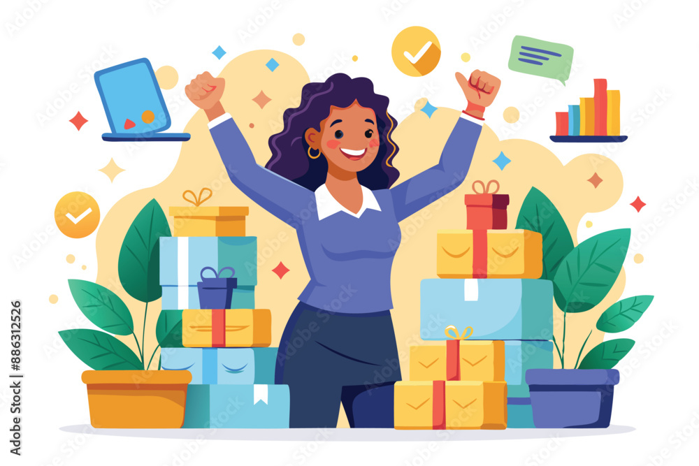 E-Commerce Success: Businesswoman Celebrates Online Sales Boom with Boxes Ready to Ship E-Commerce Success: Businesswoman Celebrates Online Sales Boom with Boxes Ready to Ship