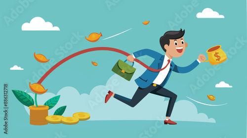 Greedy businessman chasing money coin trail, following investment opportunities for higher profits and better salary