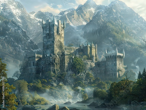  fantasy landscapes and environments that evoke a sense of adventure and exploration, incorporating elements like castles, dungeons, and mystical creatures.