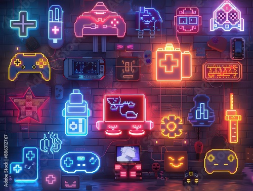 ollection of neon signs in the shape of various gaming and tech-related icons, arranged on a wall with a retro-futuristic vibe photo